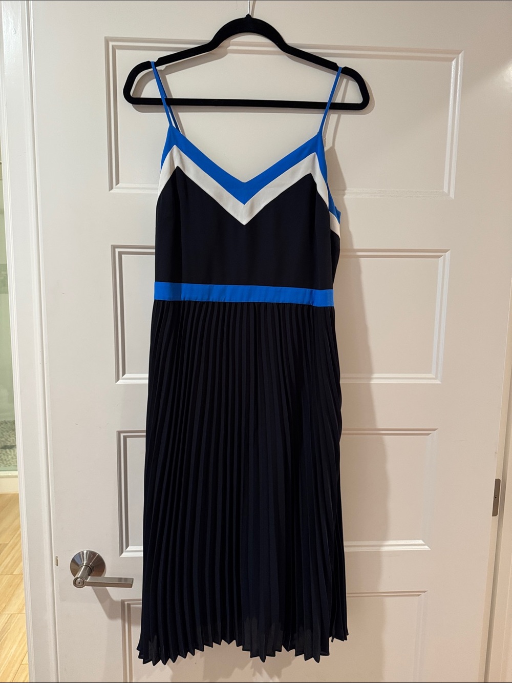 Banana Republic Navy Pleated Dress with Blue and White V-Neck Trim